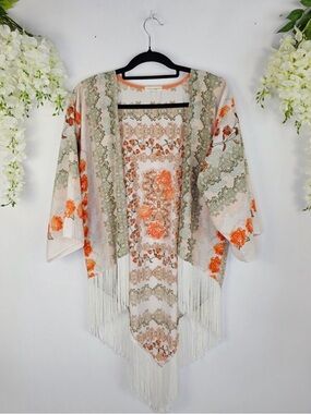 Taylor & Sage Floral Fringe Kimono in White, Orange & Green